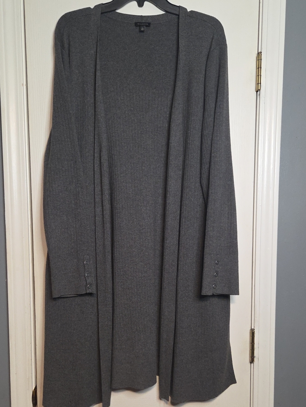 Talbots Long Open-Front Gray Cardigan with Button Cuff Detail